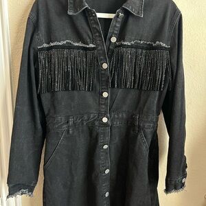 Black Denim Dress with Fringe Detail